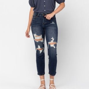 Judy Blue Mid-Rise Ripped Cropped Straight Leg Jeans